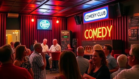 A lively scene at a comedy club with a stage, microphone, audience members laughing, and a sign displaying 