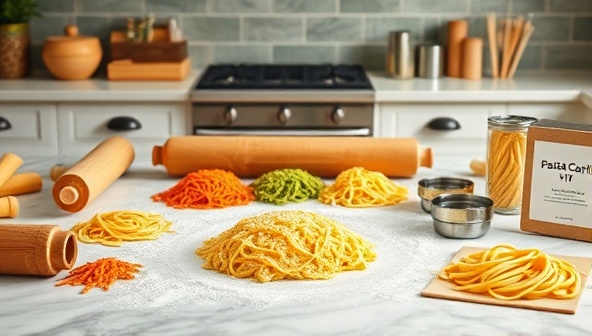 An inviting kitchen setup with colorful pasta dough, rolling pins, and pasta cutters laid out on a marble countertop, showcasing the process of artisanal pasta making and the creative possibilities of the PastaCraft Kit, evoking a sense of culinary artistry.
