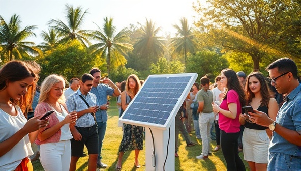 A vibrant outdoor setting with a solar charging station surrounded by people using their phones, enjoying the sunshine and green energy, illustrating a modern and sustainable way to charge devices on the go.