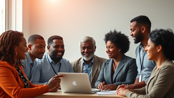 An inspiring image of diverse individuals, including lawyers and clients, engaging in meaningful conversations and consultations online through ProBono Connect, fostering a sense of community and empowerment.