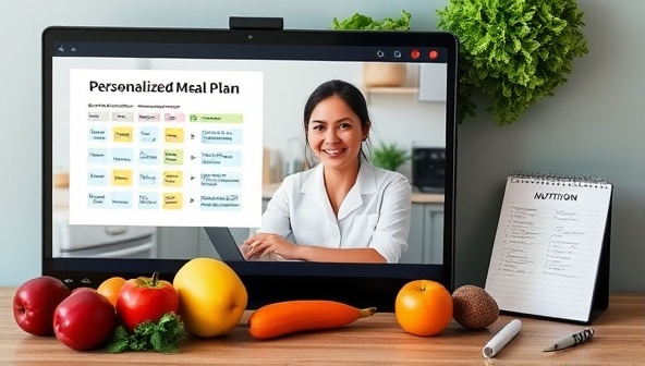 A virtual nutrition consultation setup with a dietitian discussing a personalized meal plan on a video call, surrounded by fresh fruits, vegetables, and a notepad with nutritional recommendations, conveying professionalism and personalized service.