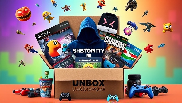 A vibrant and colorful image showcasing a variety of gaming-themed items spilling out of an open subscription box, including game figurines, apparel, digital codes, and gaming accessories, creating an exciting and personalized unboxing experience for subscribers.