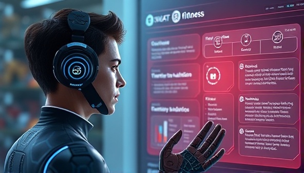 An innovative digital artwork depicting a user interacting with a smart AI interface, receiving personalized fitness and nutrition recommendations, showcasing the futuristic and personalized nature of the service.