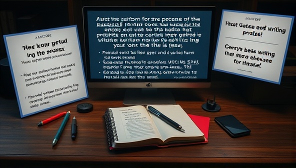 An engaging visual of a writer's desk surrounded by AI-generated writing prompts displayed on a screen, with a notebook and pen ready for inspiration, creating a productive and imaginative writing environment.