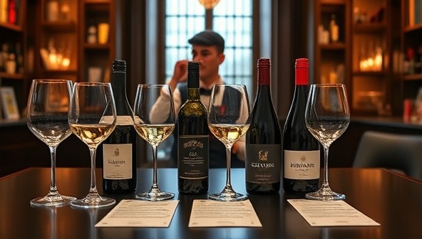 An elegant virtual wine tasting setup with a selection of wine glasses, bottles of wine, tasting notes, and a sommelier guiding participants through a tasting session, creating a sophisticated and immersive wine experience.