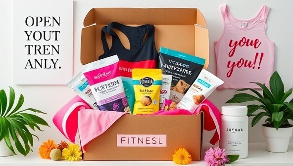 An enticing visual of a beautifully designed fitness subscription box filled with colorful workout gear, nutritious snacks, and wellness products, surrounded by motivational quotes and greenery, conveying a sense of excitement and self-care.