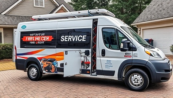 A mobile service van equipped with tools and diagnostic equipment parked in a residential driveway, showcasing the convenience and accessibility of the on-the-go automotive maintenance service.