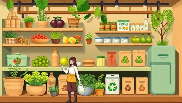 An eco-friendly marketplace design featuring a virtual pantry stocked with organic produce, reusable kitchenware, sustainable packaging, and a recycling station, illustrating a harmonious blend of green products and conscious consumption in a digital ecosystem.