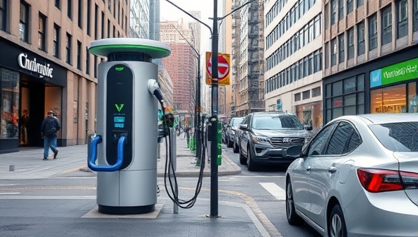An urban streetscape with a sleek, modern EV charging station surrounded by bustling city life, showcasing the convenience and eco-friendly nature of the business.