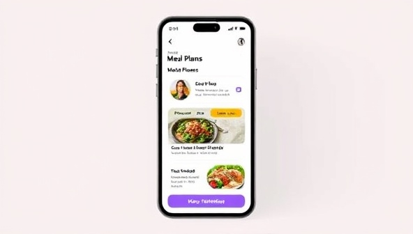 A sleek and modern app interface displaying personalized meal plans, recipe suggestions, and a direct chat feature with a nutritionist, creating a seamless and engaging nutritional coaching experience.