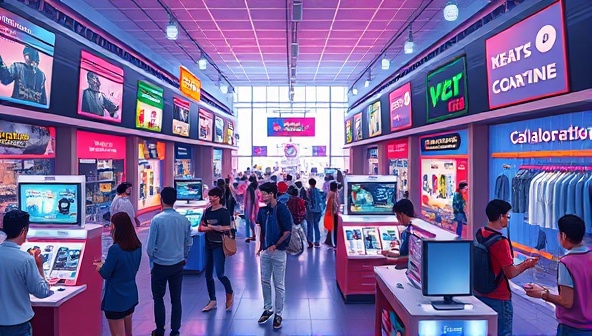 An artistic rendering of a virtual marketplace bustling with gamers and designers exchanging creative ideas and showcasing their merchandise designs, with colorful digital displays of game-inspired products and collaboration spaces, illustrating the vibrant and interactive nature of the platform.