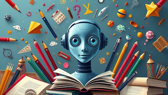 An innovative AI entity surrounded by a flurry of creative writing elements like pens, books, and whimsical story elements, symbolizing the imaginative and inspiring writing prompts generated by StorySpark's platform to fuel creativity and storytelling journeys.