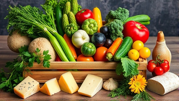 A vibrant image of colorful, fresh produce arranged in a rustic wooden crate, surrounded by artisanal cheeses, bread, and herbs, evoking a sense of freshness, locality, and culinary delight.