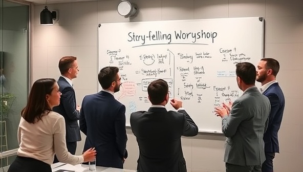 A corporate setting with a team of professionals engaged in a storytelling workshop, brainstorming ideas on a whiteboard, sharing insights, and collaborating to develop a compelling brand narrative, illustrating the power of storytelling in a business context.