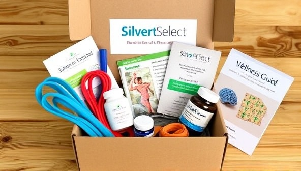 An inviting image of a SilverFitSelect subscription box filled with gentle exercise bands, brain-stimulating puzzles, nutritional supplements, and a wellness guide tailored for seniors, conveying a message of active aging and holistic well-being through curated fitness support.