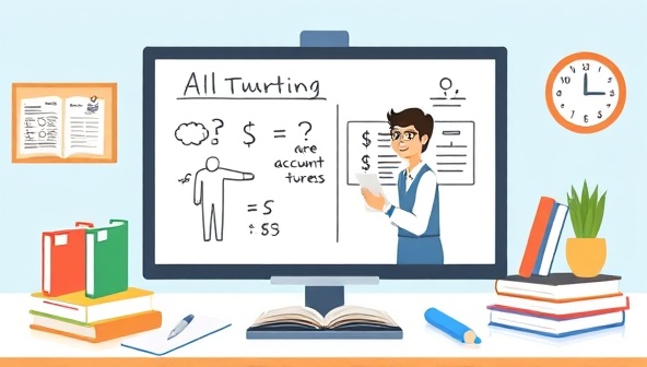 An illustration of a virtual accounting tutoring session with a tutor explaining financial concepts on a digital whiteboard, surrounded by study materials and interactive tools, symbolizing personalized support and educational guidance in accounting learning.