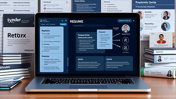 An AI interface analyzing resume content and providing real-time suggestions for optimization, displayed on a sleek laptop screen surrounded by job search resources, industry guides, and professional networking profiles, illustrating the efficiency and accuracy of ResumeGenius AI in enhancing resume quality and job application success.