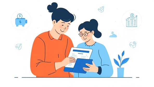 An illustration of a financial coach assisting a client in setting up a budget on a digital device, surrounded by icons representing savings, investment, and financial goals, symbolizing a collaborative approach to financial fitness.