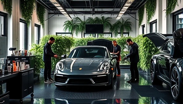 A luxurious car care center with a team of professional detailers working on a high-end vehicle, surrounded by premium car care products, state-of-the-art equipment, and lush greenery, creating a serene and upscale atmosphere for car wellness treatments.