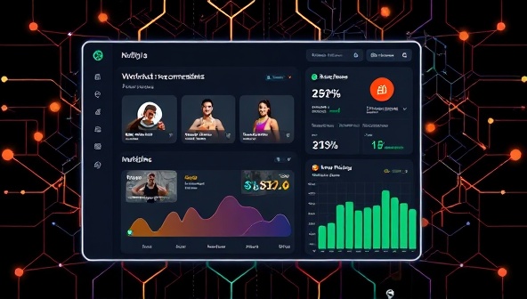 An engaging visualization of the AIFitGenie platform interface displaying personalized workout recommendations, nutritional insights, and progress tracking metrics, with AI algorithms symbolized by intricate neural network patterns, highlighting the cutting-edge technology behind personalized fitness.