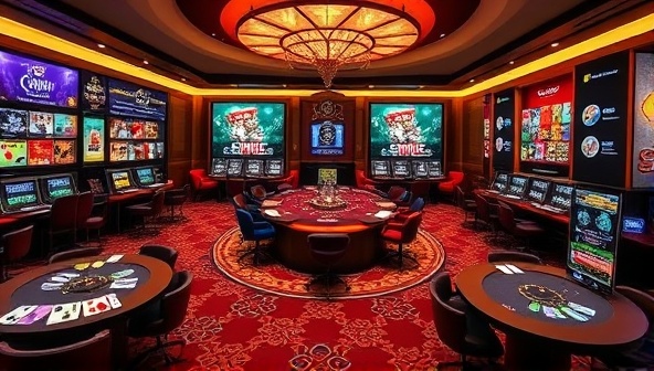 An interactive skill-based casino lobby featuring a variety of games and challenges, with players competing in strategic card games, puzzle challenges, and reflex-based mini-games, illustrating the fusion of skill and luck in an engaging online gaming environment.