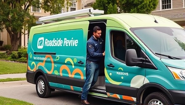 A mechanic in a branded Roadside Revive van performing a diagnostic check on a customer's vehicle in a residential neighborhood, showcasing the convenience and expertise of the on-demand mobile car repair service.