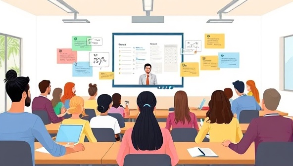 An illustration of a virtual classroom setting with diverse avatars interacting with virtual tutors in different languages, creating a vibrant and dynamic learning environment.