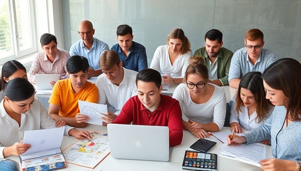 An image of a diverse group of people engaging in an online architectural course, each immersed in their laptops, sketchbooks, and design tools, symbolizing a collaborative and educational online community.