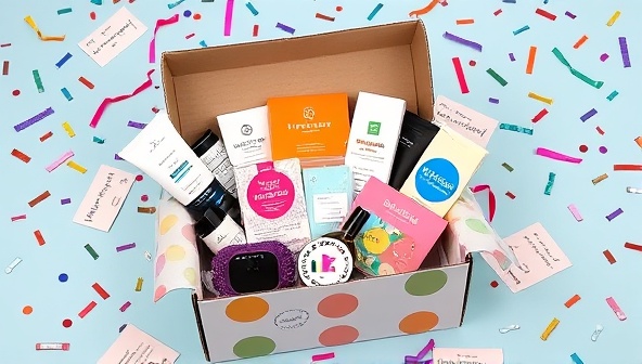 An eye-catching and colorful subscription box filled with various products like skincare items, accessories, and tech gadgets, surrounded by confetti and personalized notes, creating excitement and anticipation for the unboxing experience.