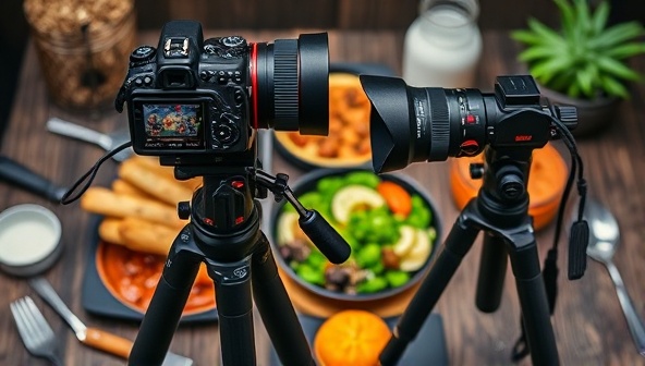 An image of a well-styled food setup with a camera on a tripod capturing the scene, accompanied by props like utensils and garnishes, illustrating the process of food photography and workshop themes.