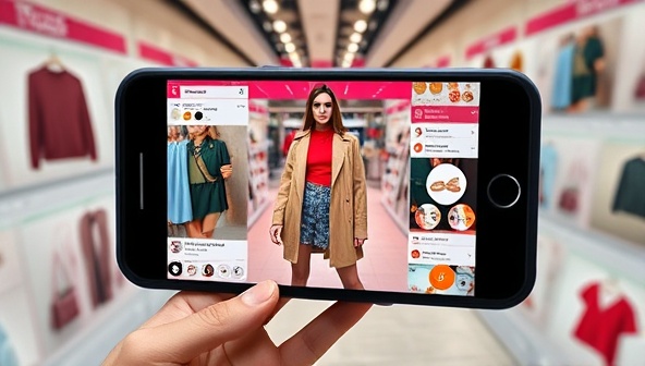 An AR app interface displaying a virtual model trying on various stylish outfits and accessories, surrounded by vibrant product images and customer reviews, creating an immersive and engaging shopping experience, blending virtual and real-world elements.