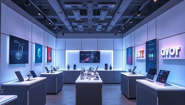 A modern and sleek pop-up store interior with various smart home gadgets displayed on interactive demo stations, illuminated by soft ambient lighting, creating a futuristic and tech-forward atmosphere.