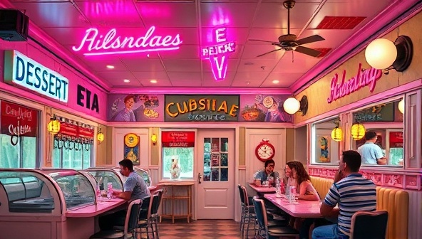 A charming dessert parlor adorned with vintage decor, retro neon signs, colorful dessert displays, and customers enjoying milkshakes and sundaes in a nostalgic atmosphere reminiscent of a bygone era, evoking feelings of joy and sweet memories.