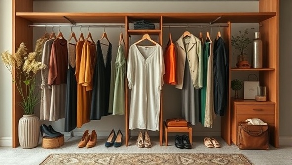 An elegant wardrobe display featuring a selection of sustainable fashion pieces, accessories, and statement items, exuding sophistication and eco-conscious style, embodying the essence of GreenStyle Wardrobe.