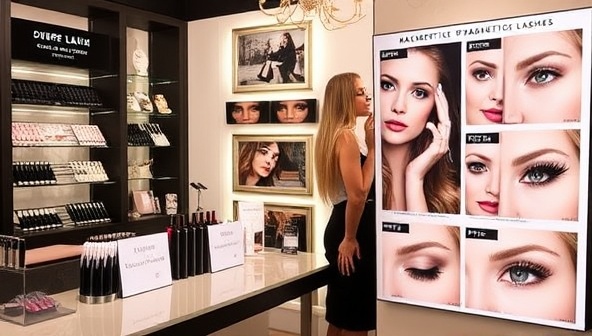 A chic beauty boutique showcasing a variety of magnetic lash styles and eyeliner pens, a makeup artist demonstrating the easy application process on a customer, and a display of before-and-after photos highlighting the transformative effects of magnetic lashes, creating a glamorous and modern beauty experience.