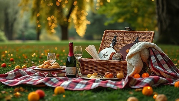 An elegant picnic scene in a lush park setting, featuring a beautifully arranged picnic basket with gourmet delights, a bottle of wine, cozy blankets, and fairy lights, evoking a sense of luxury and relaxation.