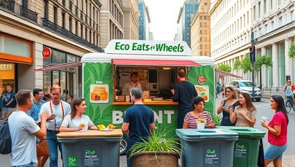 A bustling city street with the Eco Eats on Wheels food truck surrounded by cheerful customers enjoying their meals in biodegradable containers, with green plants and recycling bins nearby, creating a vibrant and sustainable dining scene.