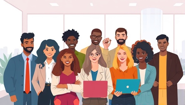 An inspiring digital illustration featuring a diverse group of professionals from different backgrounds coming together in a virtual setting, symbolizing the inclusive and welcoming environment fostered by InclusiHire.