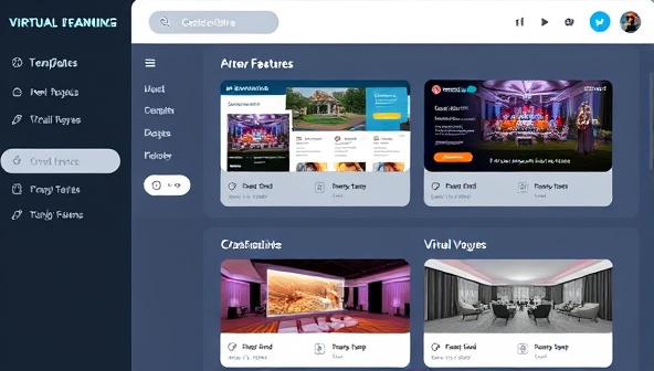 A virtual event planning dashboard displaying customizable event templates, interactive features, and virtual venue options, showcasing the flexibility and creativity of the personalized virtual event service.