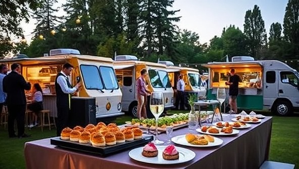 An elegant outdoor event setup featuring Bite-Sized Bistro Trucks parked in a row, with chefs preparing gourmet dishes like mini sliders, artisanal salads, and specialty desserts, served on elegant platters to guests enjoying a sophisticated dining experience under twinkling lights, capturing the essence of upscale food truck catering for micro-events.