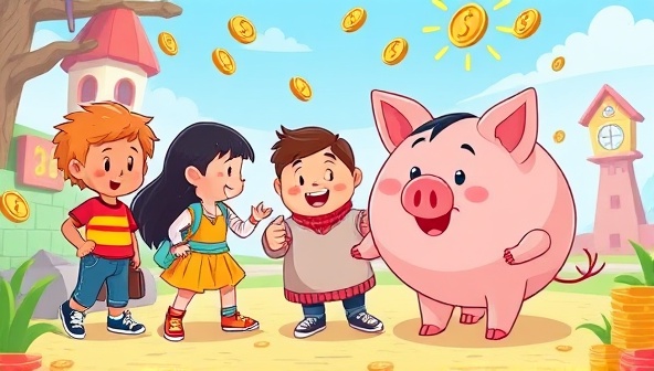 An animated illustration of a cheerful piggy bank character guiding a group of diverse kids through a virtual world filled with coins, savings goals, and educational mini-games, emphasizing the fun and educational aspects of the platform.