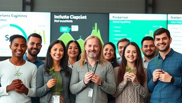 An engaging visual of diverse individuals from different backgrounds and ages, each holding a small plant symbolizing growth and sustainability, with digital screens showcasing investment options in the background.