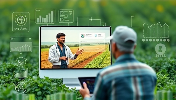 An interactive digital platform interface showing a farmer engaging with an agri-tech expert through video consultation, with data analytics and farming tools displayed in the background, illustrating the seamless integration of technology in agricultural consultancy services.