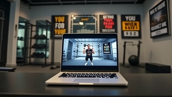 A sleek and modern virtual training setup with a laptop showing a live coaching session, fitness equipment in the background, and motivational posters on the walls, creating an immersive and dynamic workout environment.