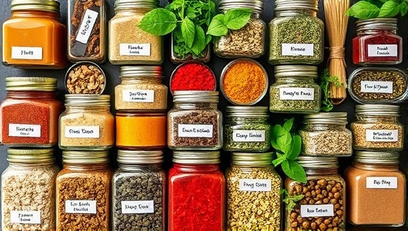 An artistic display of various spices and herbs in glass jars, arranged in a visually appealing pattern, with labels indicating their names and origins, highlighting the diverse ingredients included in the spice blending kits.