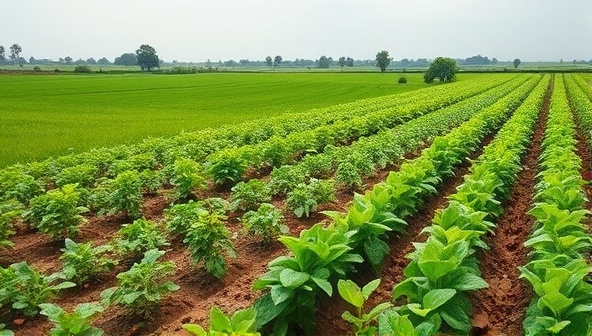A picturesque farm landscape with lush green fields nourished by organic fertilizers, showcasing healthy crops thriving in nutrient-rich soil, conveying the natural and sustainable benefits of organic fertilizer production.
