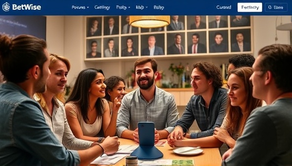 An inclusive image of diverse individuals engaging in a lively discussion about betting strategies and tips in a virtual community setting, with interactive features and engaging visuals that showcase the collaborative and social nature of the BetWise Social Hub platform.