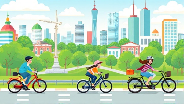 A vibrant cityscape illustration showcasing electric bicycles and e-scooters zipping through green urban landscapes, with happy customers enjoying the convenience and sustainability of EcoMove Solutions.