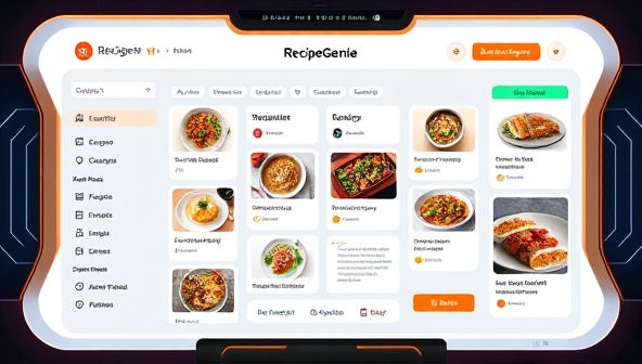 An innovative and futuristic digital interface showcasing the RecipeGenie AI platform with interactive recipe options, personalized recommendations, and a sleek design that reflects the cutting-edge technology behind the personalized recipe generator.