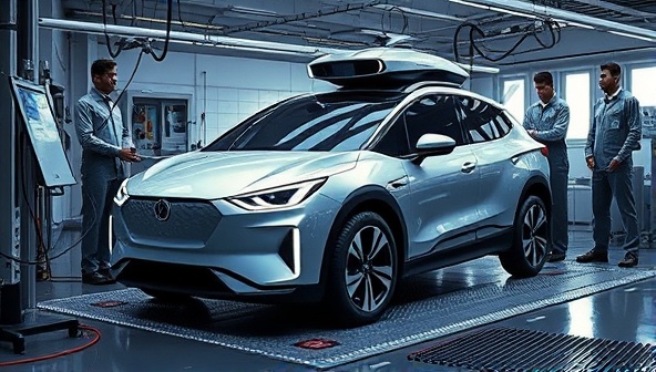 An image of a futuristic, self-driving car undergoing maintenance with specialized equipment and technicians performing diagnostic tests, symbolizing advanced technology and care for autonomous vehicles.
